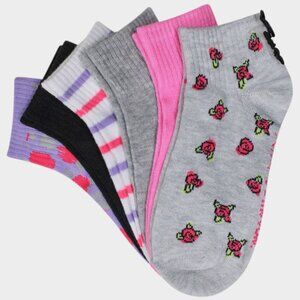 Betsey Johnson Ditsy Floral Bow Quarter Socks 6 Pack Grey Stripes